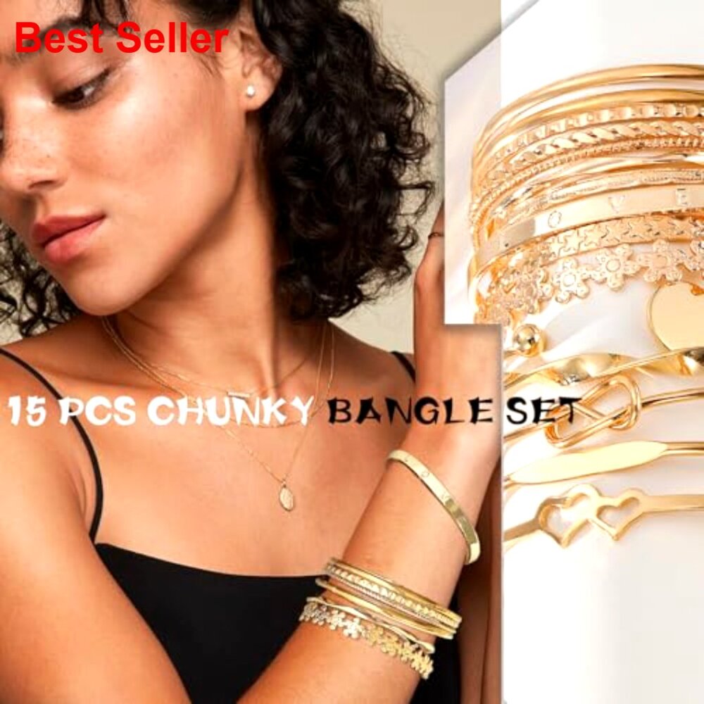 14k Gold Plated Bangle Bracelets Stackable Boho C… - image 2
